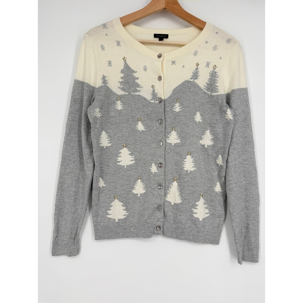 Talbots Winter Christmas Trees Metallic Stars Cardigan Sweater XS‎ Wool Blend